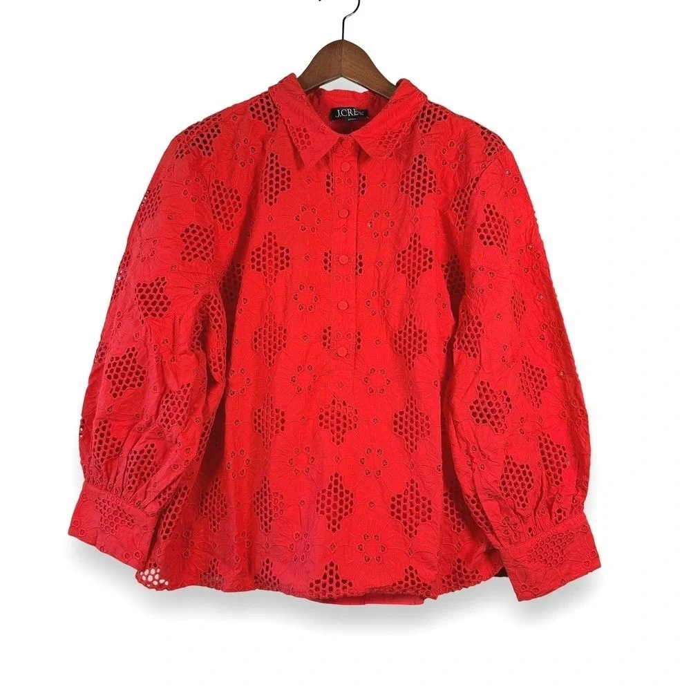 J.Crew‎ Red Eyelet Popover Top XL